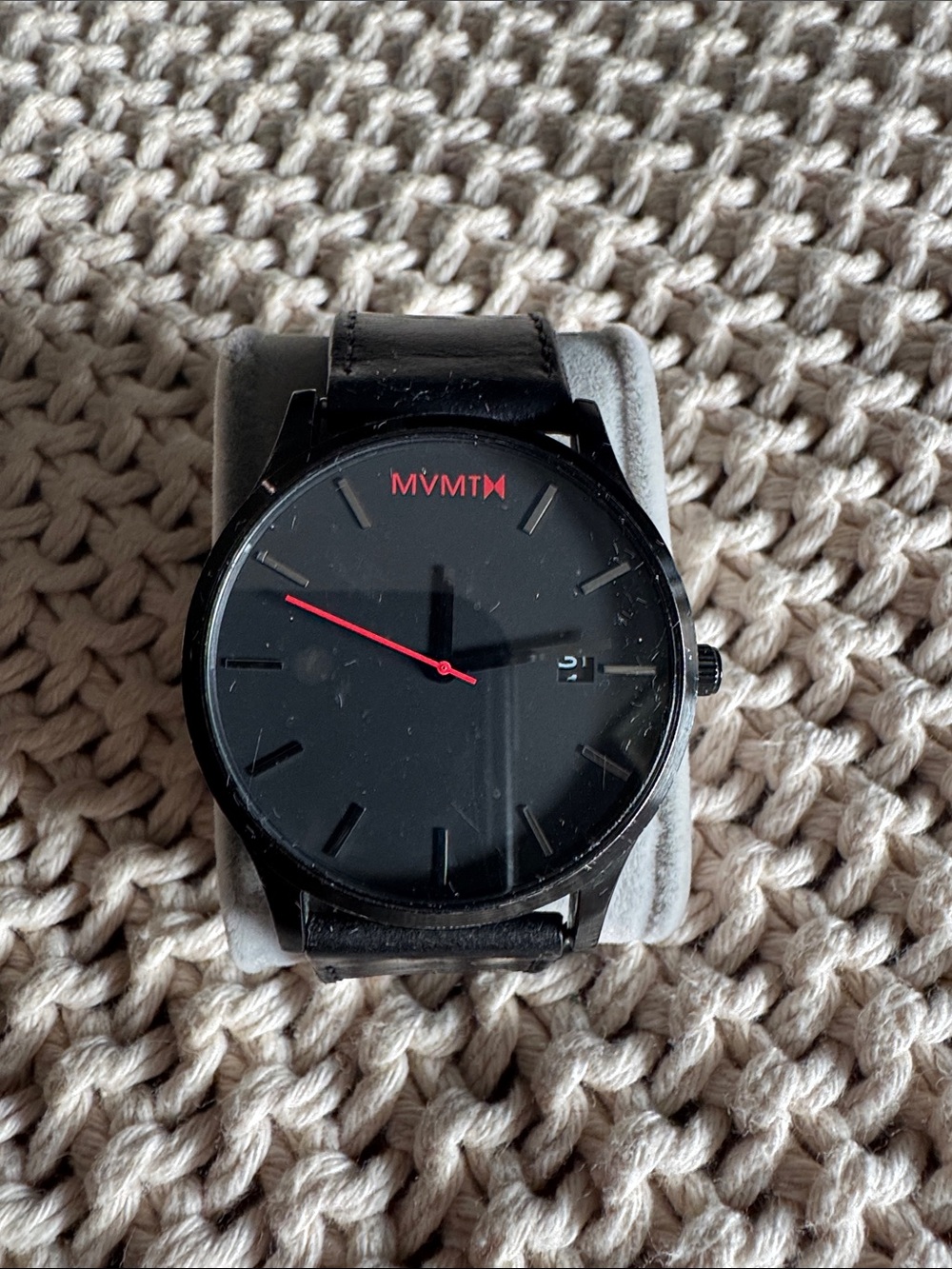 MVMT Black Watch with Red Accents and Black Leather Strap